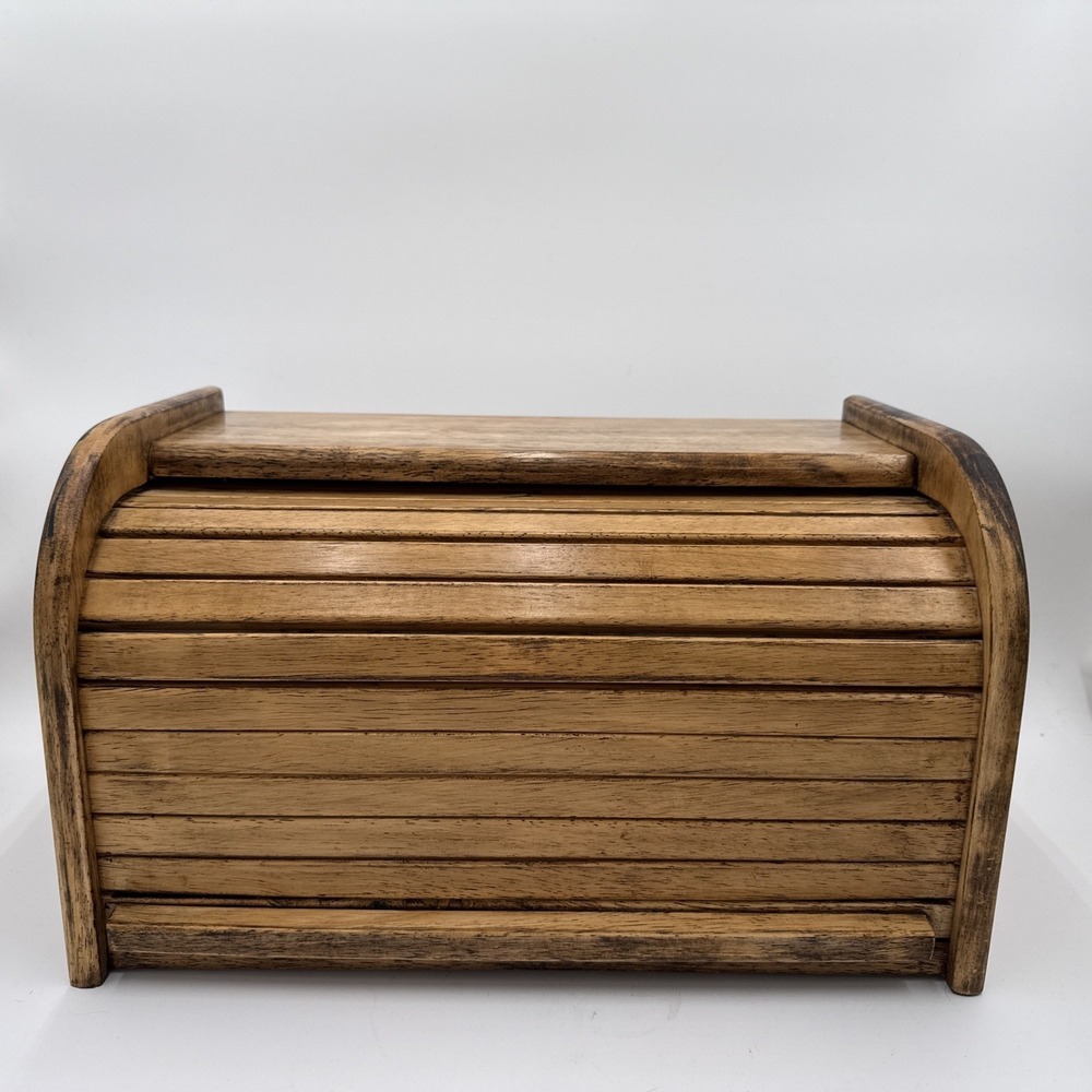 Vintage Wooden Wood Roll Top Bread‎ Box Farmhouse Brown Country Farm Rustic 16x9